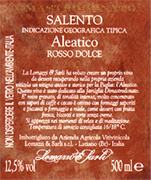 Aleatico vino tinto dulce es un vino rojo usado como dessert obtenido con las uvas rojas Aleatico. La vendimia se retarda hasta que pierda el 10/15% del peso. Las uvas son recogidas en depositos. Despues de un proceso clasico de produccion del vino rojo, la fermentation se detiene a 13.5% vol con 3 grados de azucar residual. Se obtiene un vino suave como dessert con cuerpo duro, elegante  perfume y un gusto dulce agradable despues de beber