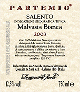 "Partemio vino blanco Malvasia Bianca" I.G.T. "Salento", uva blanca Malvasia de Brindisi 100%. Las uvas son transportadas con carros pequeños. Después del despalillado y el estrujado viene introducido en tanques inox enfriado para obtener una decantación estática. El mosto se travasa en los tanques y se activa la fermentación a temperadura controlada.  Alcohol 12,40 % vol. Grado alcohólico 12,40% vol.Acidez total 4,80 gr/lAnhídrido sulfuroso tot. 70 mg/lpH 3,61. Sopas a base de verduras, carnes blancas, platos a base de pescado 